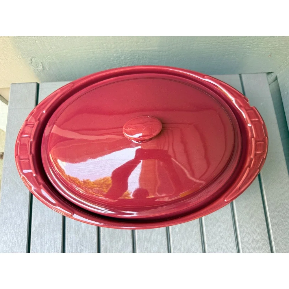 Longaberger Pottery Woven Traditions Cranberry Red Oval Lidded Casserole Dish